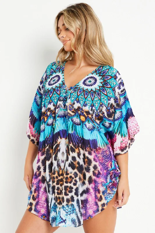 Aftershock London Purple Blue Short Beach Dress Kaftan