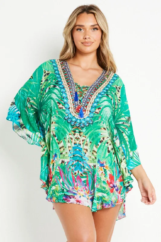 Aftershock London Tropical Green Short Beach Dress Kaftan