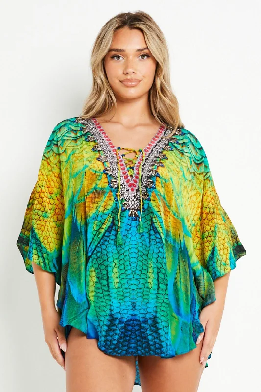 Aftershock London Yellow Blue Short Beach Dress Kaftan