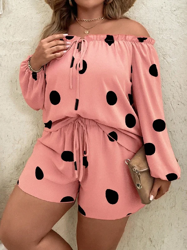 Plus Size Polka Dot Print Off Shoulder Lantern Sleeve Blouse Tie Front Shorts Sets