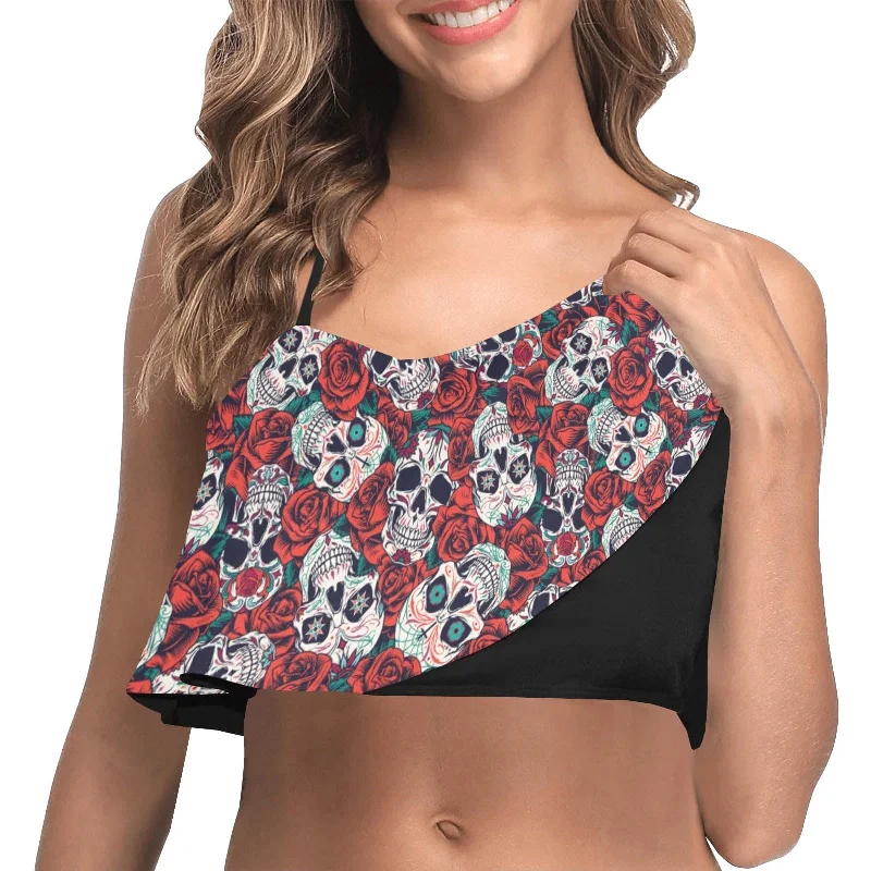 Women's Red Roses Skulls Ruffle Bikini Top