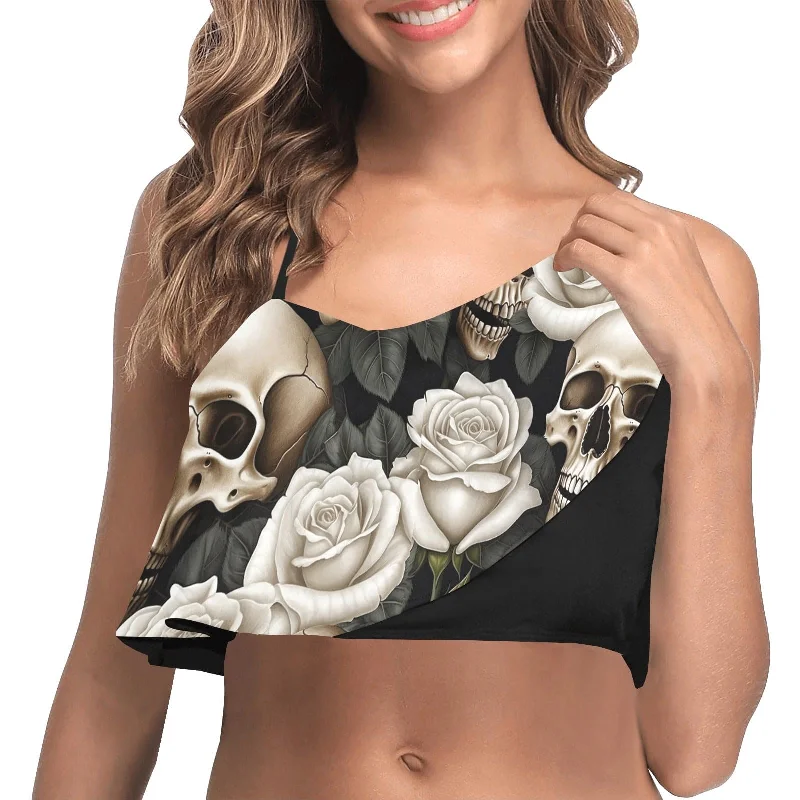 Women's Skulls & Roses Ruffle Bikini Top