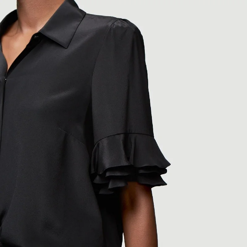 Ruffle Sleeve Silk Top (Noir)