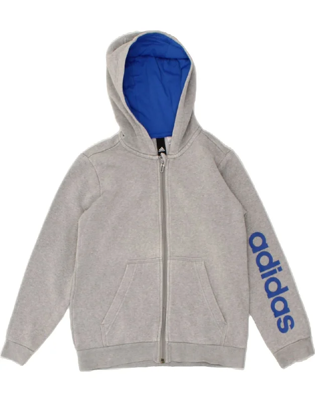 ADIDAS Boys Graphic Zip Hoodie Sweater 8-9 Years Grey Cotton