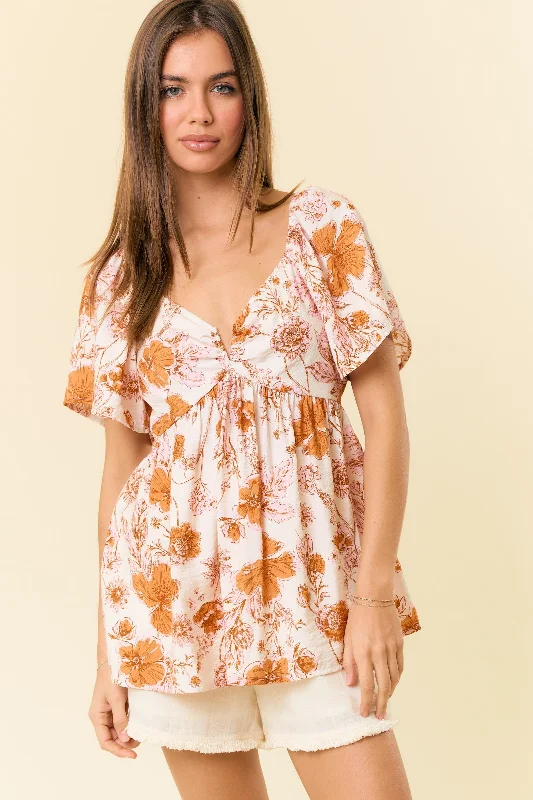 Apricot Floral Print V-Wire Flutter Short Sleeve Babydoll Blouse