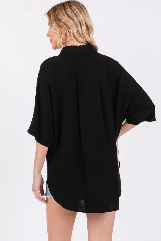 Black Linen Dolman Half Sleeve Button Down Top