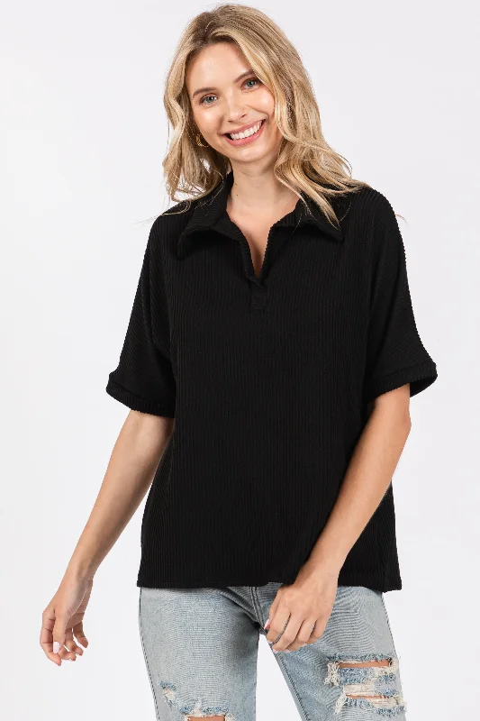 Black Ribbed Collared Top