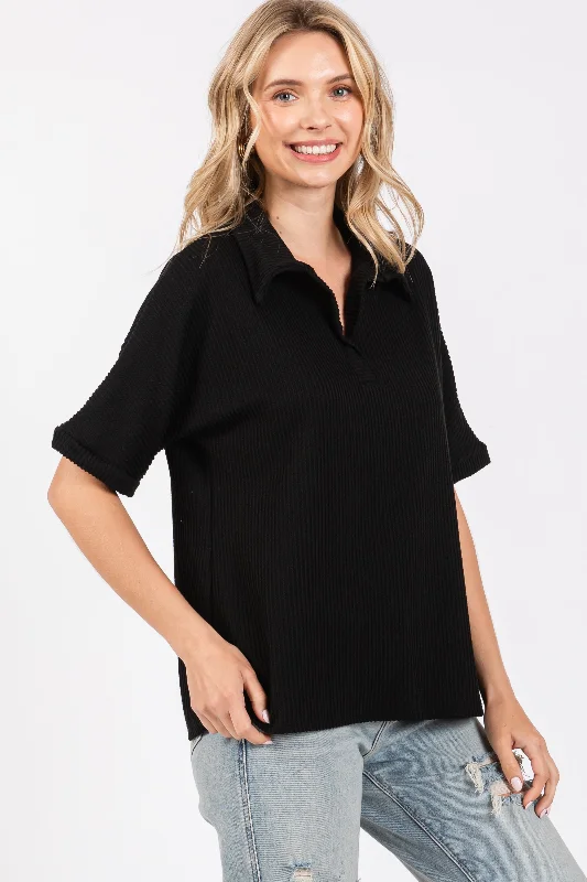 Black Ribbed Collared Top