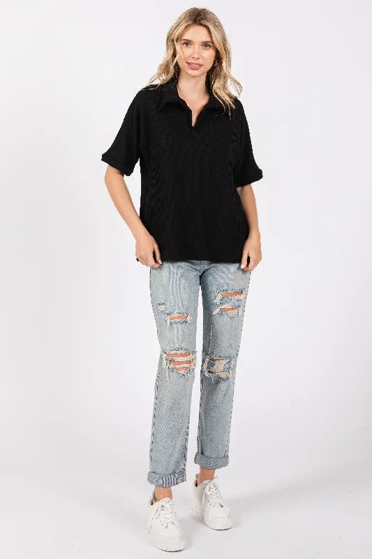 Black Ribbed Collared Top