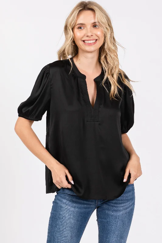 Black V-Neck Puff Sleeve Blouse