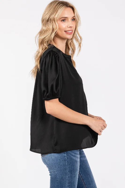 Black V-Neck Puff Sleeve Blouse