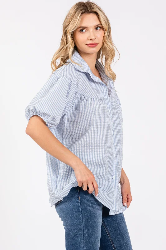 Blue Plaid Button Down Top