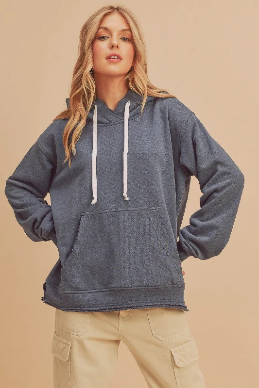 Blue Raw Edge Trim Drawstring Hoodie