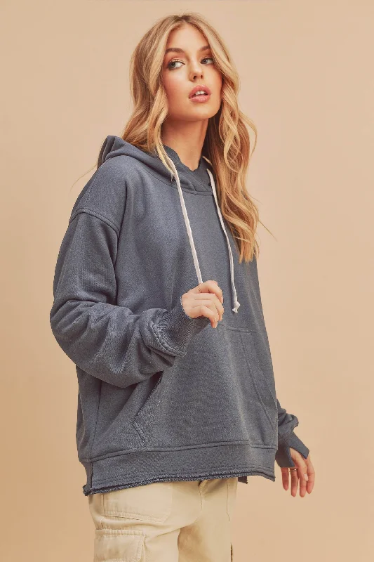 Blue Raw Edge Trim Drawstring Hoodie