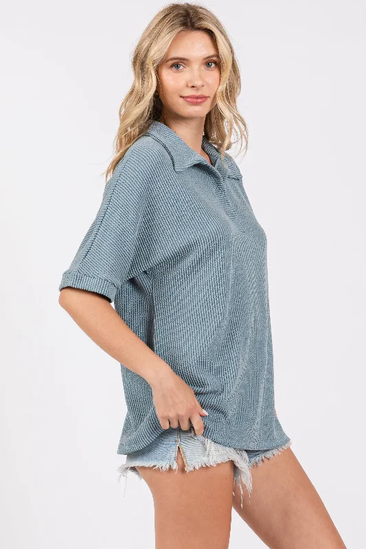 Blue Ribbed Collared Top