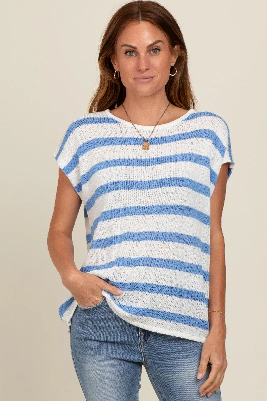 Blue Striped Knit Short Sleeve Top