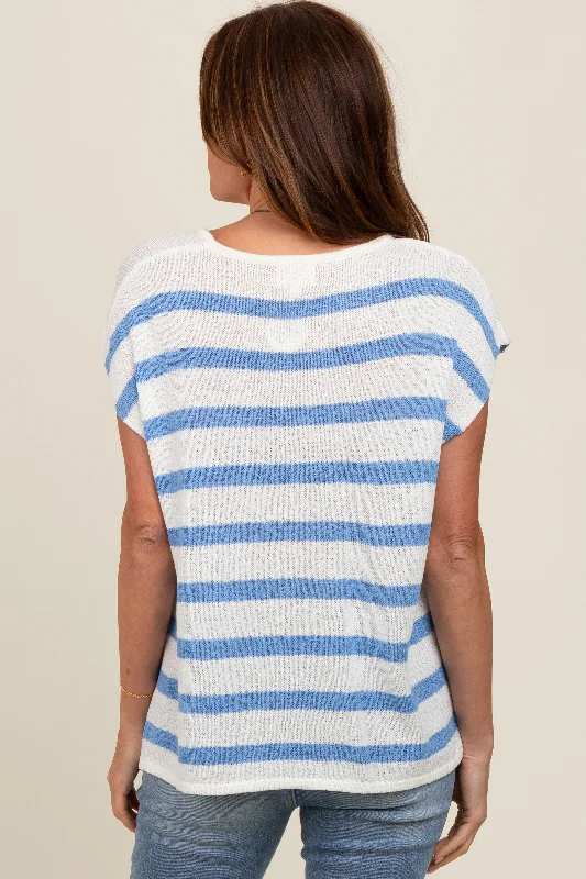 Blue Striped Knit Short Sleeve Top