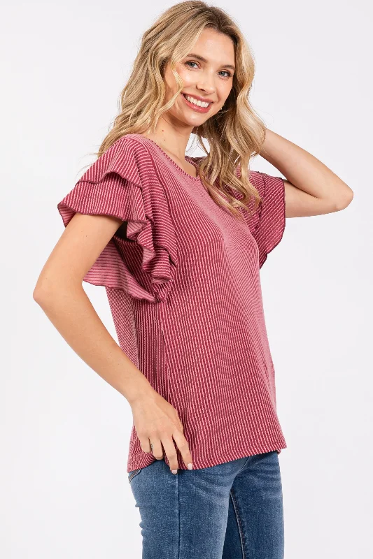 Burgundy Ruffle Sleeve Ribbed Top