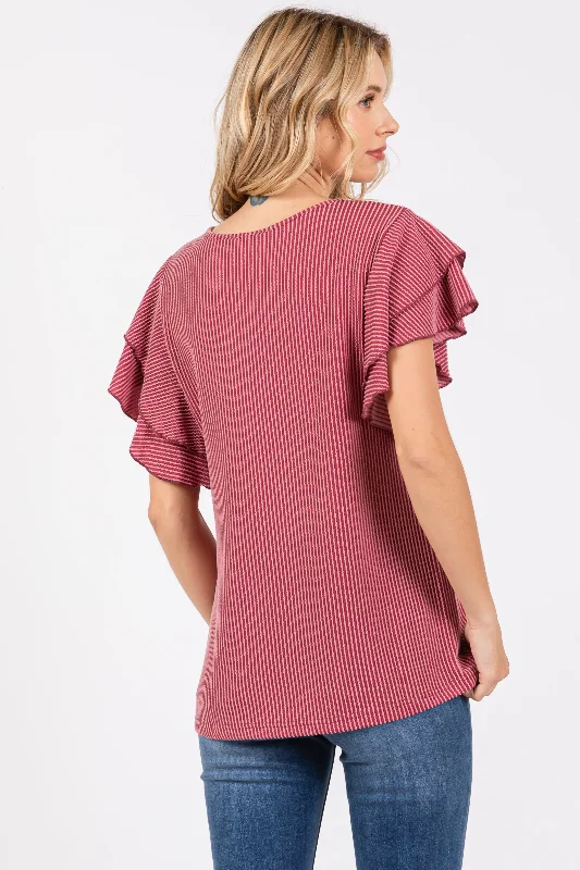 Burgundy Ruffle Sleeve Ribbed Top