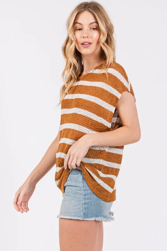 Camel Striped Dolman Short Sleeve Top