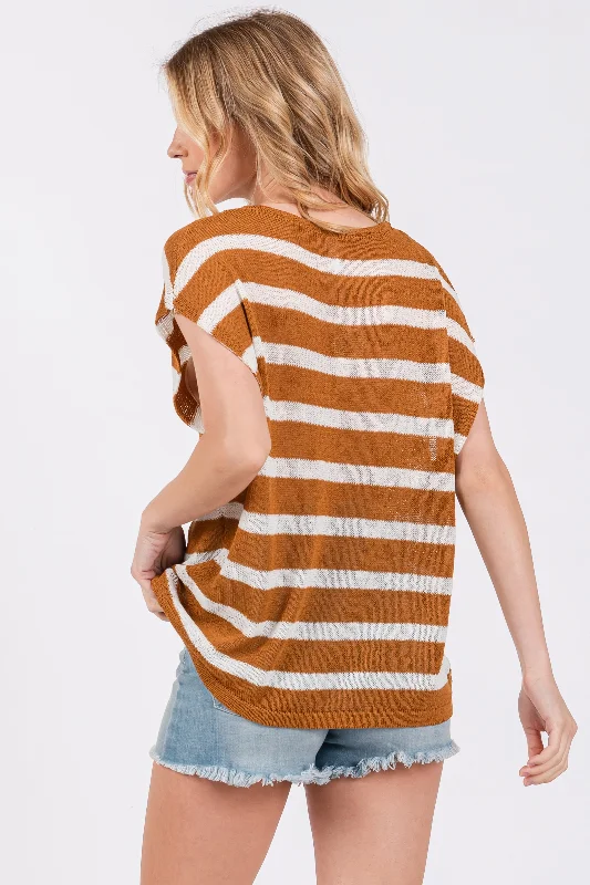 Camel Striped Dolman Short Sleeve Top