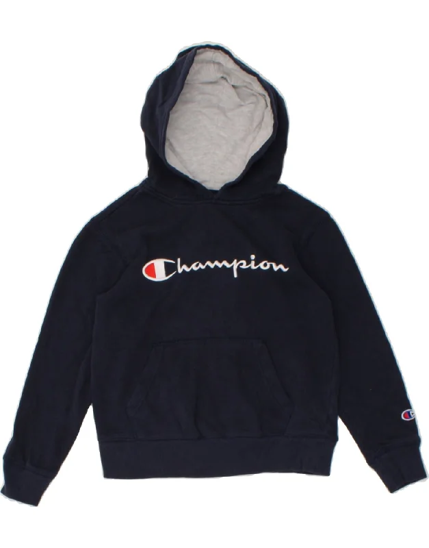 CHAMPION Boys Graphic Hoodie Jumper 8-9 Years Small Navy Blue Cotton