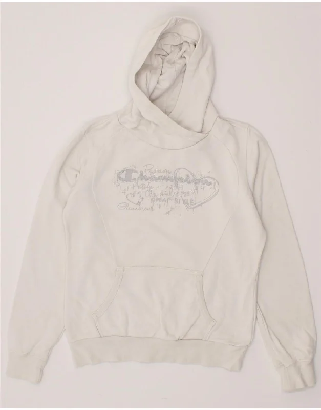 CHAMPION Girls Graphic Hoodie Jumper 11-12 Years Large White Cotton