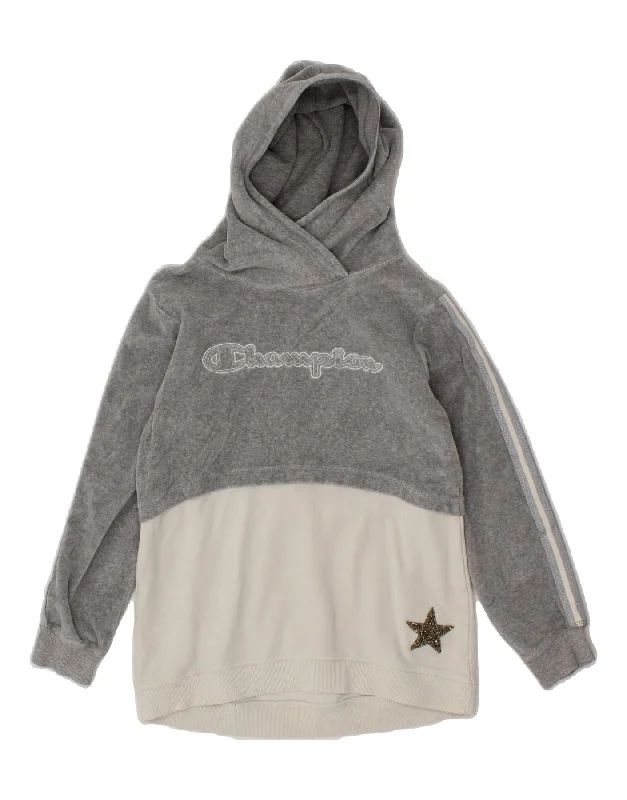 CHAMPION Girls Graphic Hoodie Jumper 9-10 Years Medium Grey Colourblock