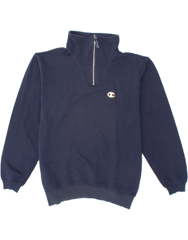 CHAMPION Mens Zip Neck Sweatshirt Jumper Medium Navy Blue Cotton