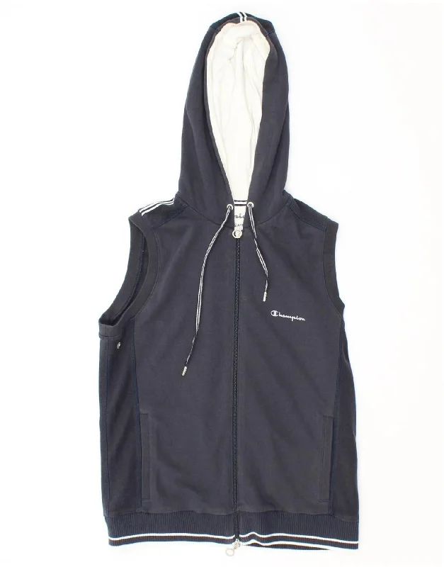 CHAMPION Womens Sleeveless Zip Hoodie Sweater UK 14 Large Navy Blue Cotton