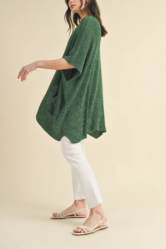 Forest Green Drop Shoulder Side Pocket 3/4 Sleeve Cardigan