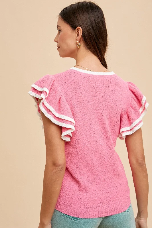 Fuchsia Double Ruffle Sleeve Sweater Top