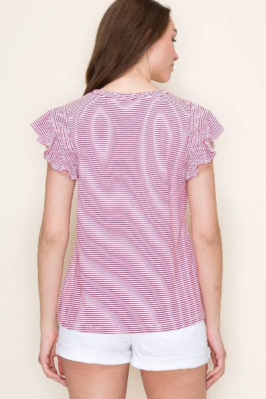 Fuchsia Striped Flutter Sleeve Top