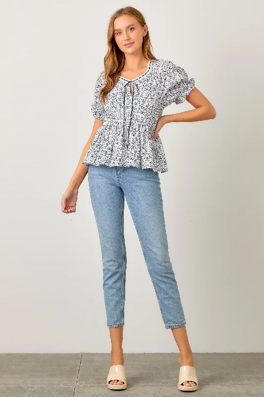 Ivory Navy Ditsy Floral Blouse