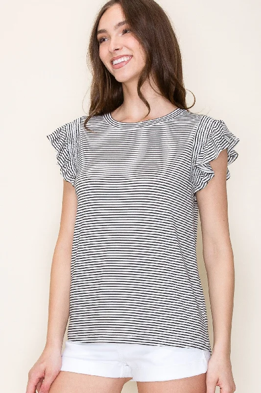 Ivory Striped Flutter Sleeve Top