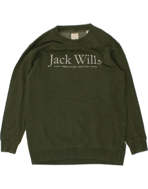 JACK WILLS Womens Graphic Sweatshirt Jumper UK 12 Medium Khaki Cotton