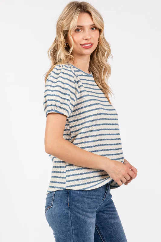 Light Blue Striped Textured Puff Sleeve Top