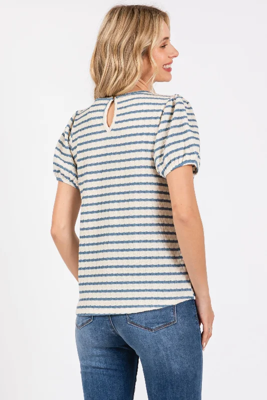 Light Blue Striped Textured Puff Sleeve Top