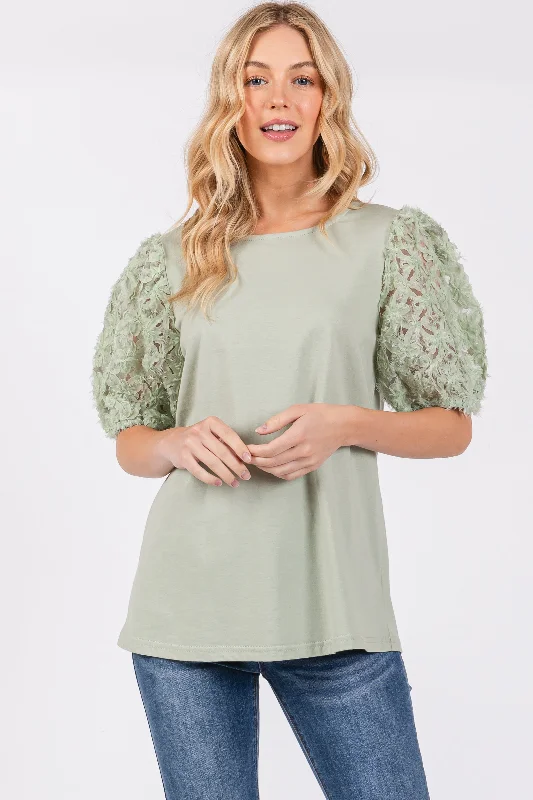 Light Olive Floral Mesh Sleeve Blouse