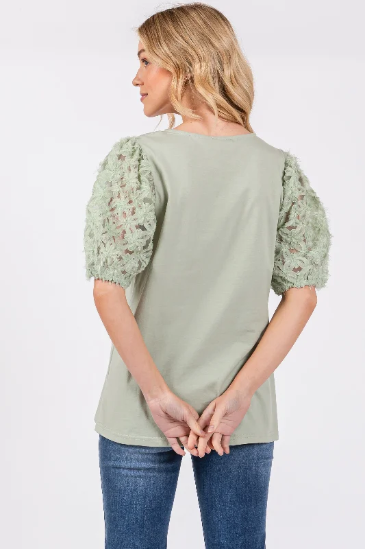 Light Olive Floral Mesh Sleeve Blouse