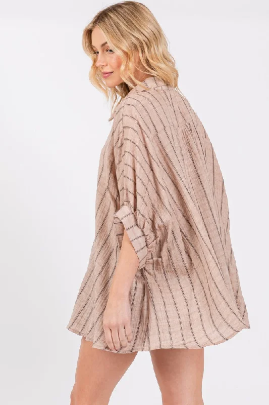 Mocha Striped Collared Oversized Top