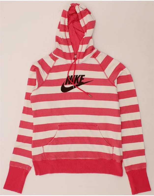 NIKE Womens Graphic Hoodie Jumper UK 14/16 Large Pink Striped Cotton