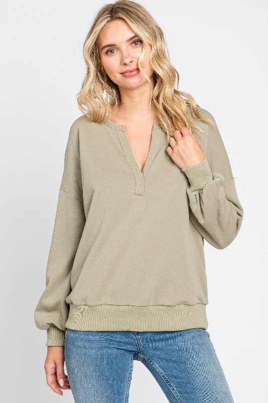 Olive Split V-Neck Long Sleeve Sweatshirt