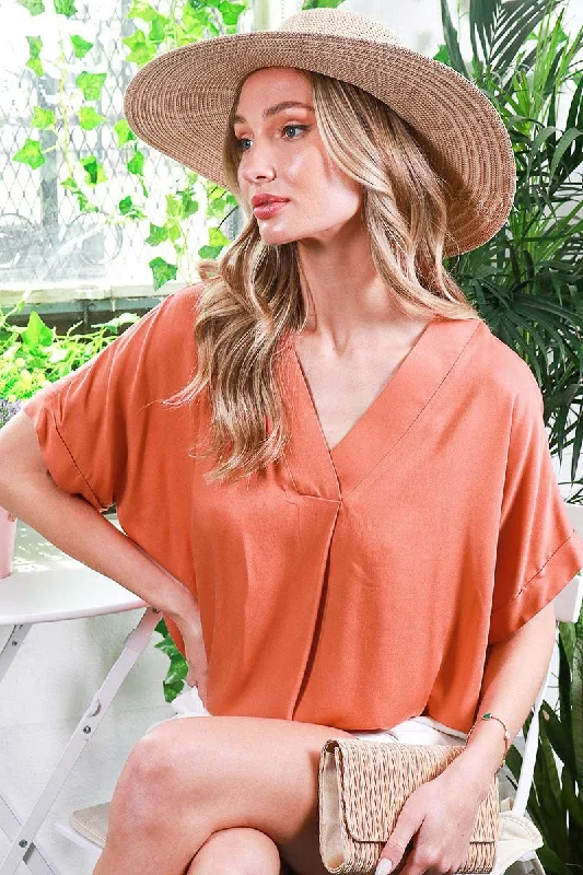 Orange V-Neck Pin-Tuck Detail Top