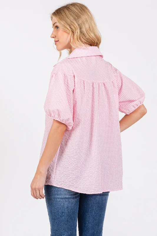 Pink Plaid Button Down Top