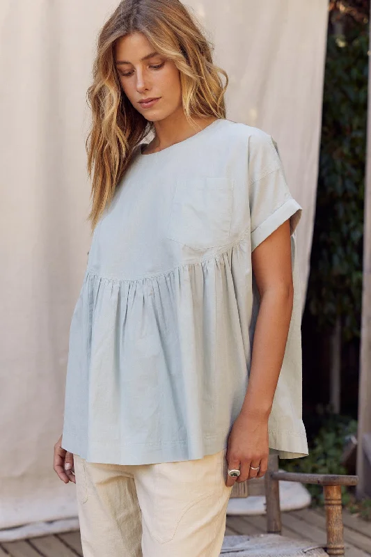 Sage Oversized Cotton Poplin Tunic Top With Ruffled Hem