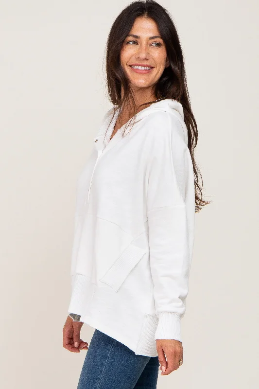 White Button Front Ribbed Trim Hooded Sweatshirt